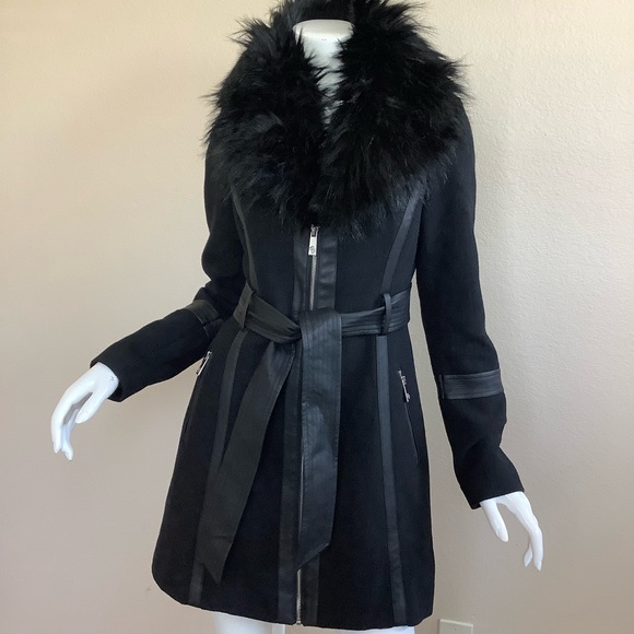 Guess Jackets & Blazers - Guess Black Faux Fur Trimmed Wool Coat